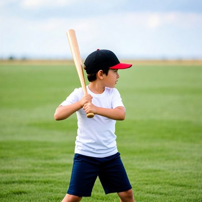 Boy swinging baseball bat on field