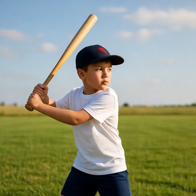 Boy swinging baseball bat outdoors