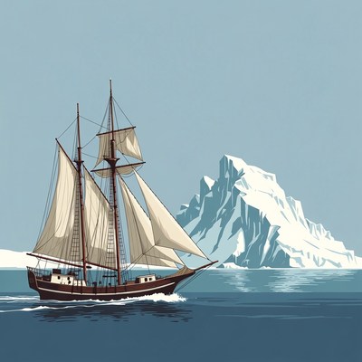 Sailing Ship Near Iceberg