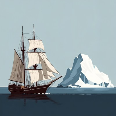 Sailing Ship Near Iceberg