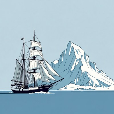 Sailing Ship Near Iceberg