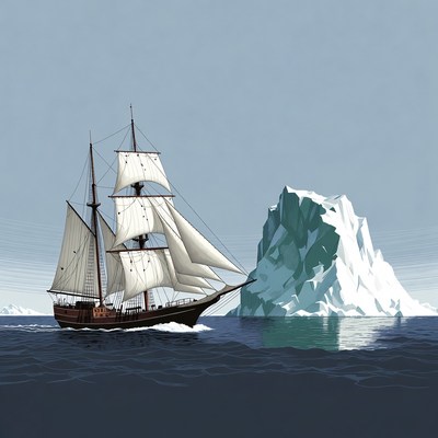 Sailing Ship Near Iceberg