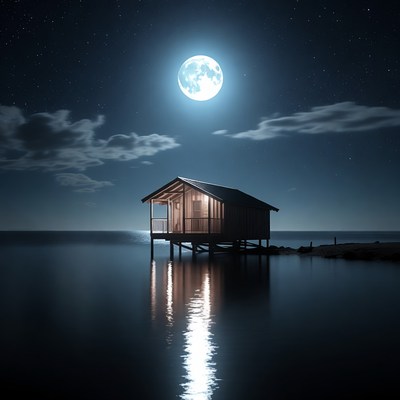 Wooden Cabin on Stilts by Moonlit Lake