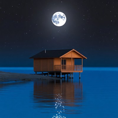 Wooden Cabin on Stilts by Moonlit Lake