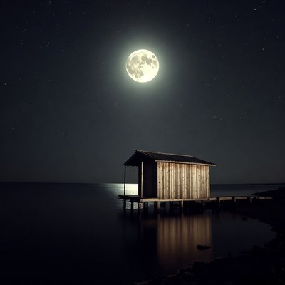 Wooden Cabin on Dock Under Full Moon