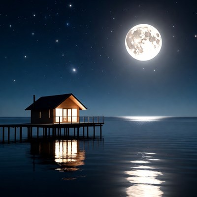 Cabin on pier under full moon