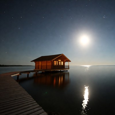Wooden Cabin on Dock at Night