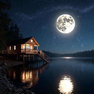 Cabin by Lake Under Full Moon