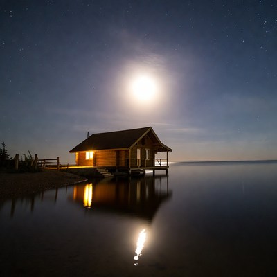 Log Cabin by Lake Under Moonlit Sky