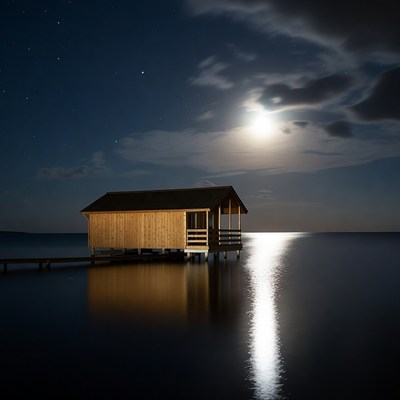 Wooden Cabin on Lake Under Moonlight