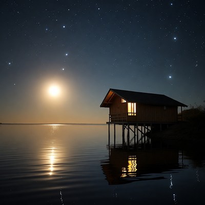 Wooden Cabin on Stilts by Lake at Night