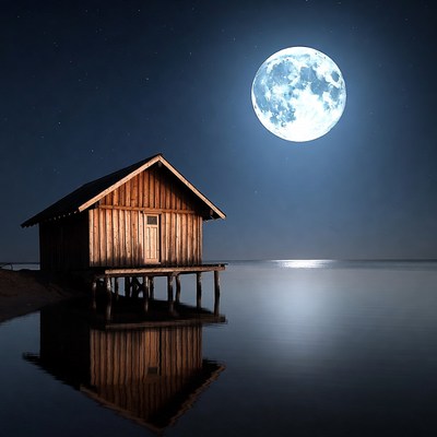 Wooden Cabin by Lake Under Full Moon