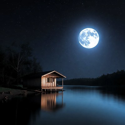 Wooden Cabin by Lake Under Full Moon