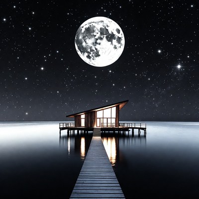 Modern House on Pier Under Full Moon