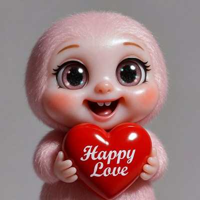 Pink furry creature holding Happy Love heart