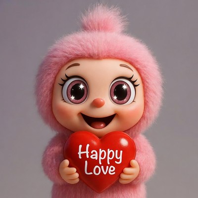 Pink furry character holding Happy Love heart