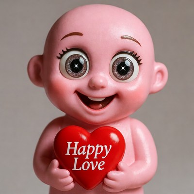 Pink Baby Doll Holding Happy Love Heart