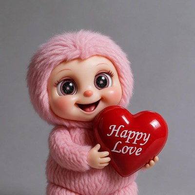 Pink furry doll holding Happy Love heart