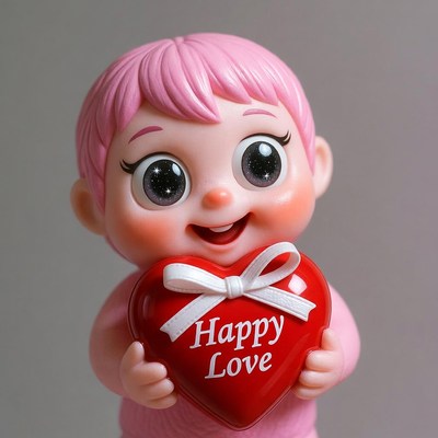 Pink Baby Doll Holding Happy Love Heart