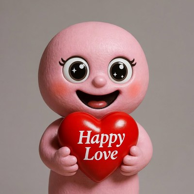 Pink cartoon character holding Happy Love heart
