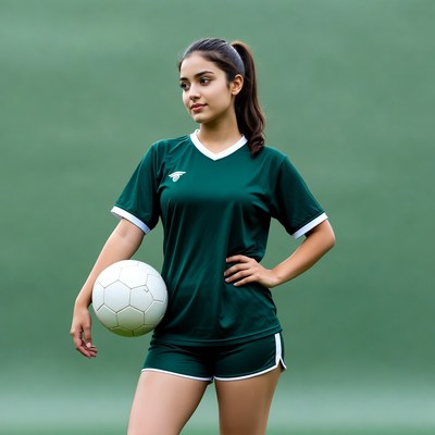 Girl in green soccer uniform holding ball