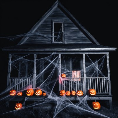 Spooky Haunted House with Jack-o-Lanterns