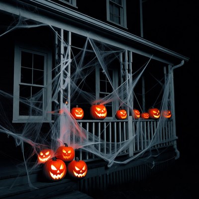Spooky Halloween Porch with Jack-o-Lanterns