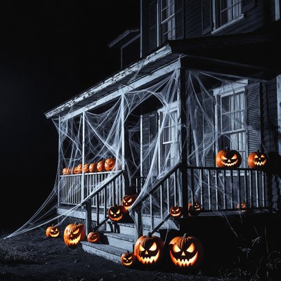 Spooky Haunted House with Pumpkins