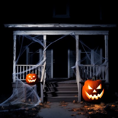 Spooky Haunted House with Jack-o-Lanterns