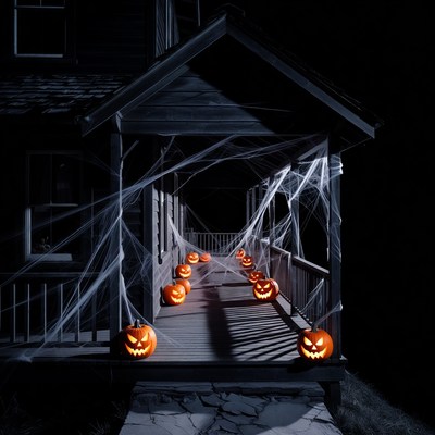 Spooky Halloween porch with jack-o-lanterns