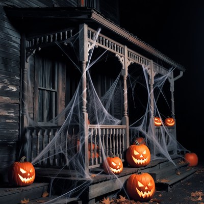 Spooky Haunted House Porch with Jack-o-Lanterns