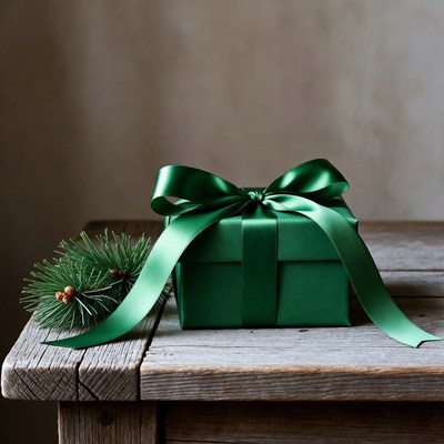 Green gift box with ribbon
