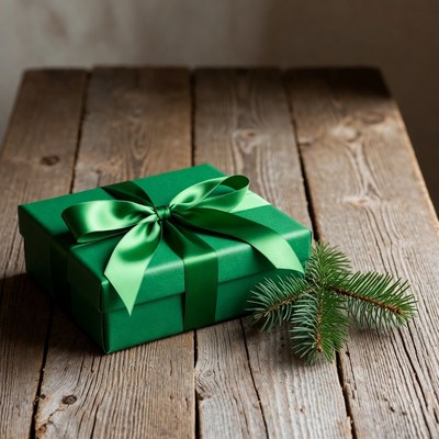 Green gift box with ribbon and fir