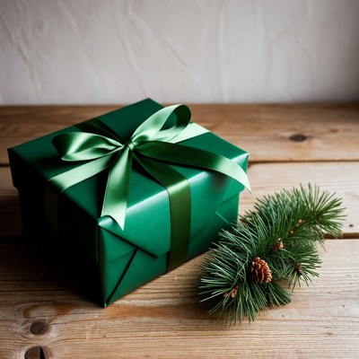 Green Wrapped Gift with Pine Sprig