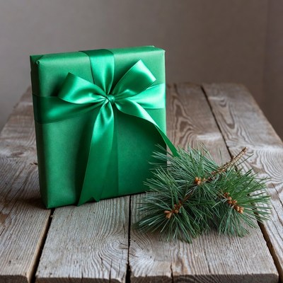 Green Wrapped Gift with Pine Sprigs