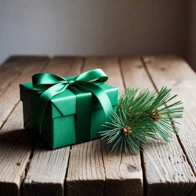 Green Wrapped Gift with Pine Sprig
