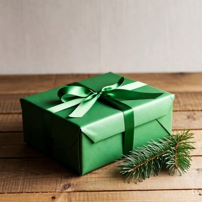 Green gift box with ribbon and fir