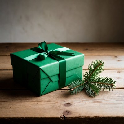 Green Gift Box with Bow and Spruce
