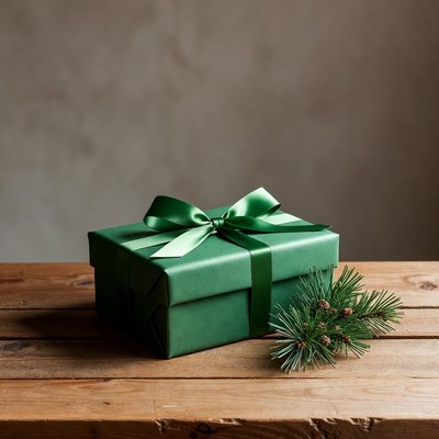 Green gift box with ribbon and pine