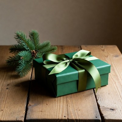 Green Wrapped Gift Box with Pine