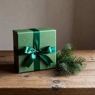 Green Wrapped Gift Box with Pine Sprig