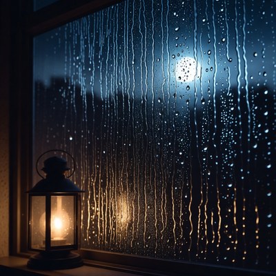 Lantern by Rainy Window with Moon