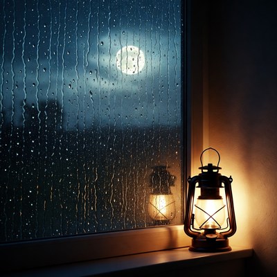 Moonlit Rainy Window with Lantern