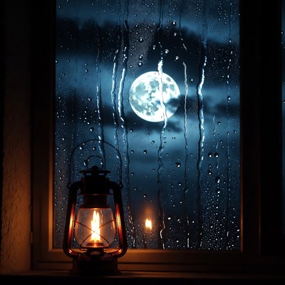 Lantern by Rainy Window with Moon