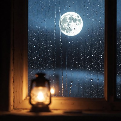 Full Moon Through Rainy Window with Lantern