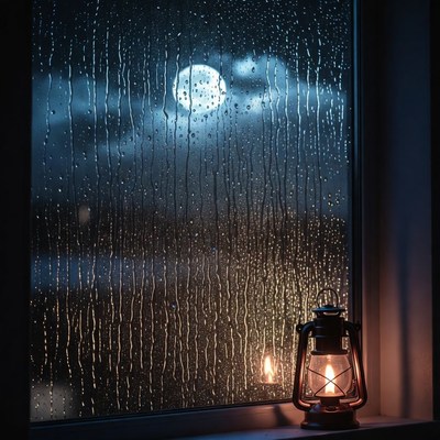 Lantern by Rainy Window with Moon