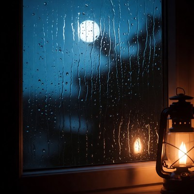 Rainy Window with Moon and Lantern