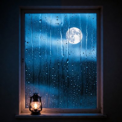 Lantern by Rainy Window with Moon