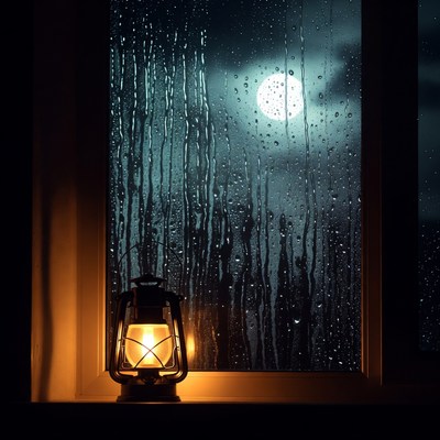 Lantern by Rainy Window with Moon
