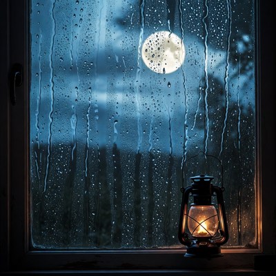 Lantern by Rainy Window with Moon